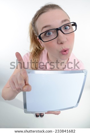 funny portrait of a women with a clipboard - fisheye shoot