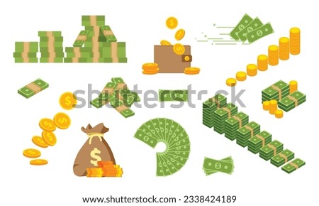 Big set of green banknotes and gold coins. Dollar bill piles, bundles, stacks and heaps. Banknote fan. Vector illustration in trendy flat style. Royalty-Free Stock Photo #2338424189