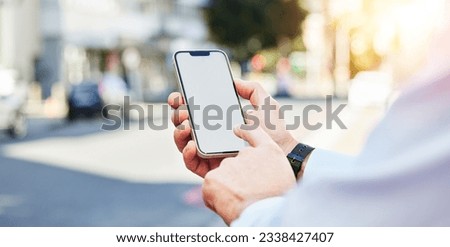 Phone, mockup and hands in a city for travel with space for advertising, contact or information. Smartphone, screen and person online for location, directions or guide, app or navigation in a street