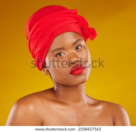 Natural beauty, hair wrap and portrait with scarf, red lipstick and wellness in studio. Yellow background, female person and face cosmetics with African model and makeup for skincare and facial glow