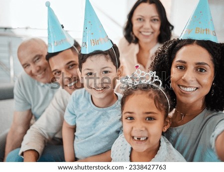 Birthday selfie, portrait of big family or happy kids with grandparents taking pictures in living room in house. Faces, mother or father with smile or senior people taking photo at party at home