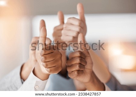 Thumbs up, business people and hands for success, teamwork and vote yes to show support. Closeup, employees and group with thumb sign, like emoji and thank you for trust, agreement and winning goals Royalty-Free Stock Photo #2338427857