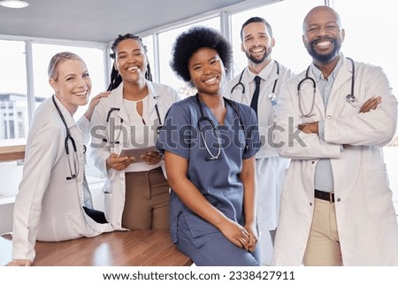 Smile, portrait and hospital doctors, people or surgeon team for healthcare, help services or medical collaboration. Medicine health professional, clinic group solidarity or staff nurses for medicare Royalty-Free Stock Photo #2338427911