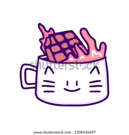 Cute cat cup with chocolate bar inside, illustration for t-shirt, sticker, or apparel merchandise. With doodle, retro, and cartoon style.