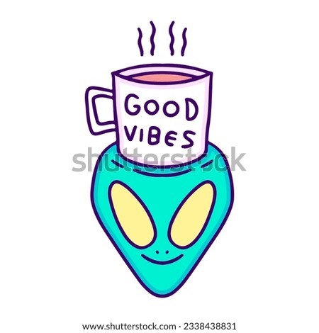 Alien head and cup of coffee, illustration for t-shirt, sticker, or apparel merchandise. With doodle, retro, and cartoon style.