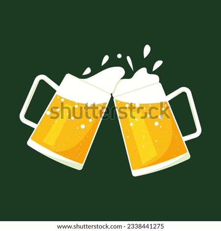 Beer cheers vector. Two toasting beer mugs. Clinking glass tankards full of beer and splashed foam. Design for banner, poster, greeting cards. Royalty-Free Stock Photo #2338441275