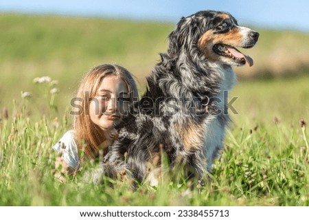 A teenager girl with her australian shepherd dog in summer outdoors, country life scene