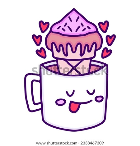 Ice cream inside a cup of coffee, illustration for t-shirt, sticker, or apparel merchandise. With doodle, retro, and cartoon style.