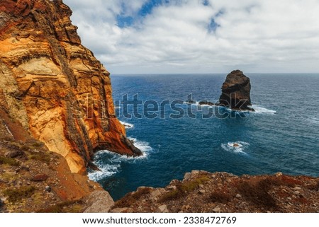 Volcanic sea cliffs of the Sao Lourenco peninsula, eastern Madeira, Portugal, Atlantic Ocean