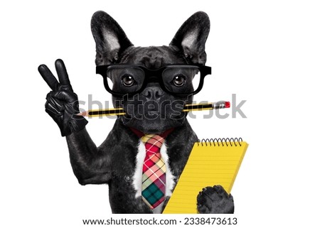 office businessman french bulldog dog with pen or pencil in mouth holding a notepad and peace or victory fingers isolated on white background