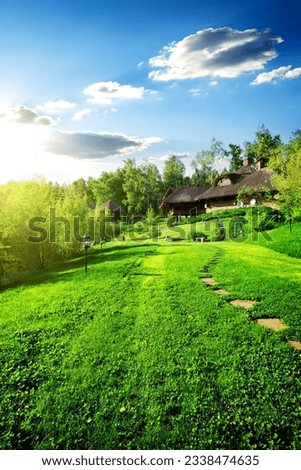 Wooden houses on green meadow in spring