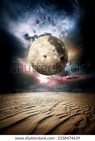 Full moon and beautiful clouds in desert. Elements of this image furnished by NASA