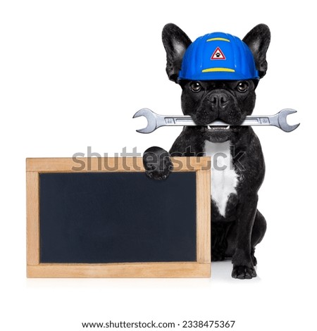 handyman dog worker with helmet behind blank banner or blackboard, wrench in mouth ,ready to repair, fix everything at home, isolated on white background