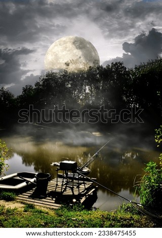 Full moon over fishing pier on river