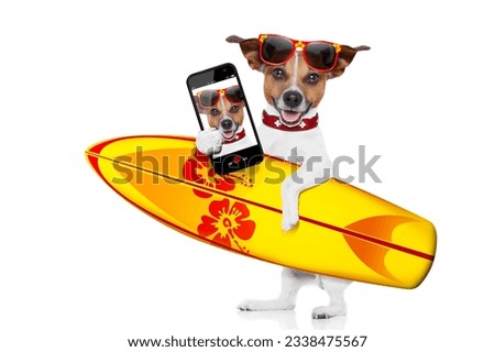 silly funny cool surfer dog holding fancy surf board taking a selfie, isolated on white background