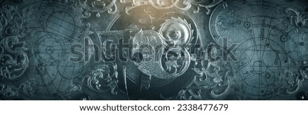 Mechanism of an old vintage clock and gear drawings on a vintage wide paper background. The concept of time, history, science, memory, information, steampunk.