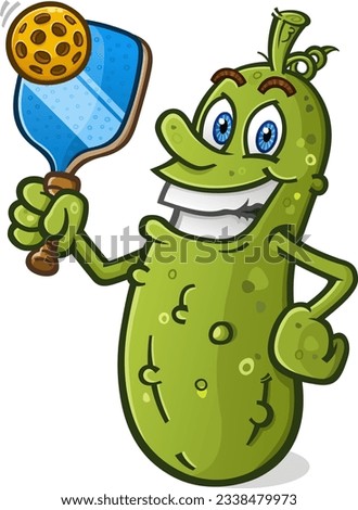 Cool pickleball cartoon character holding a pickle ball and racket with a big toothy grin on his face vector clip art