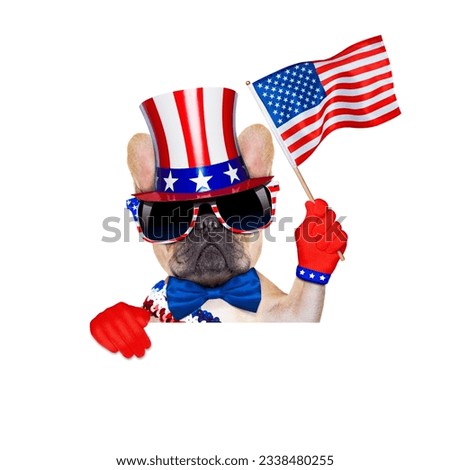 french bulldog waving a flag of usa on independence day on 4th of july , isolated on white background, behind a white and blank banner placard