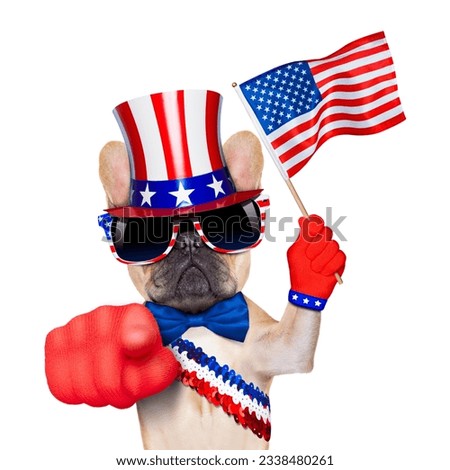 french bulldog waving a flag of usa on independence day on 4th of july, while pointing at you with finger, isolated on white background