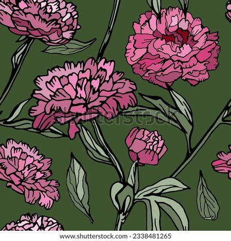 Floral seamless pattern in pink, green colors. Peony background with botanical rose, leaves. Ink drawing. Great for invitations, fabric, print, greeting cards decor.  Vector hand drawn illustration