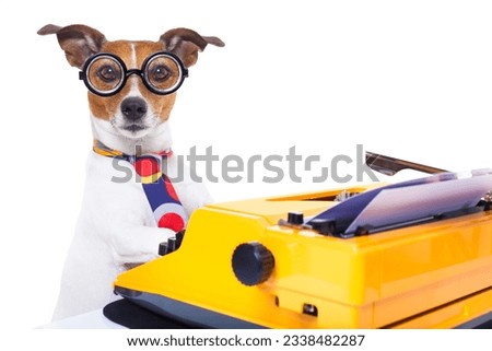 jack russell secretary dog typing on a typewriter keyboard ,isolated on white background
