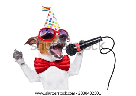 jack russell dog as a surprise, singing birthday song like karaoke with microphone wearing red tie and party hat , isolated on white background