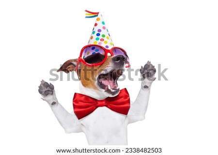 jack russell dog as a surprise, singing birthday song , wearing red tie and party hat , isolated on white background
