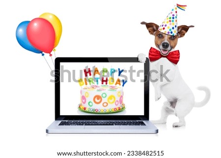 jack russell dog holding a empty blank pc computer screen laptop , red tie and party hat on , isolated on white background