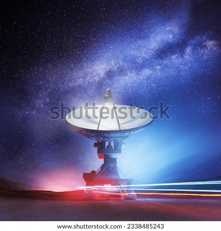 A radio telescope pointing upwards into the night sky. Astronomy background. Illustration. Royalty-Free Stock Photo #2338485243