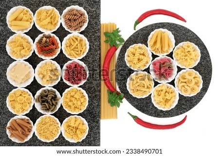 Italian pasta food selection with herb and spice food ingredients on marble over white background.