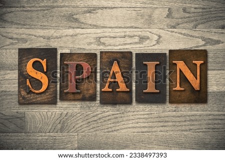 The country -SPAIN- written in vintage wooden letterpress type