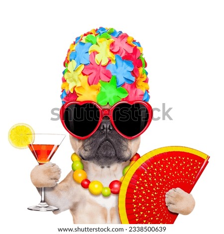 fawn french bulldog dog ready for summer vacation or holidays, wearing sunglasses and having a cocktail, isolated on white background