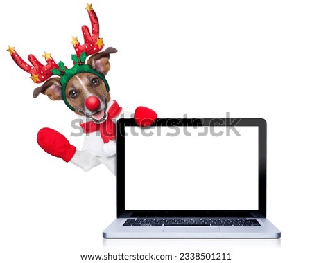 christmas dog with reindeer costume behind a laptop computer pc, isolated on white background