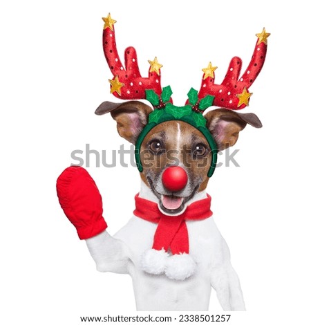reindeer dog with a red nose and waving hand isolated on white background