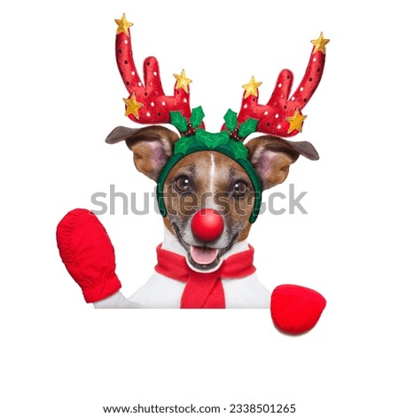 reindeer dog behind a blank banner with a red nose and waving hand isolated on white background
