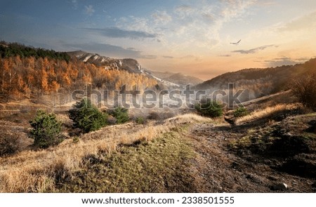 Canyon and fog in mountains in the autumn