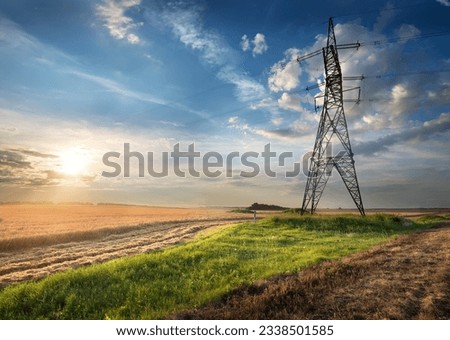 Electric pole in the autumn field at sunrise