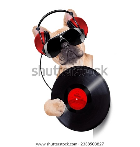 dj dog playing music record beside a white and blank empty banner or placard, isolated on white background