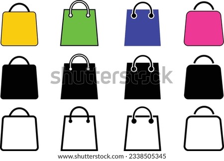 Set of colorful and black stylish women bags isolated . Collection of luxury modern leather accessory, cross body, purses, clutches, tote, hobo, handbag flat vector linear group of objects list.