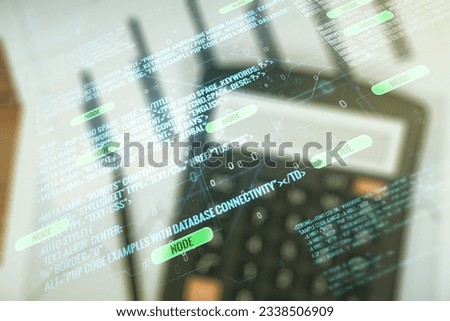 Abstract virtual coding illustration on blurry calculator and papers background, software development concept. Multiexposure
