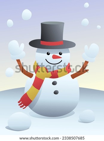 Christmas illustration of snowman wearing a hat and a shawl in the snow