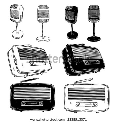 Vintage style radio receiver and microphone. Retro radio and mic silhouette isolated on white. 