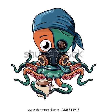 Cartoon cyborg octopus character wearing gas mask with a cup of coffee. Illustration for fantasy, science fiction and adventure comics