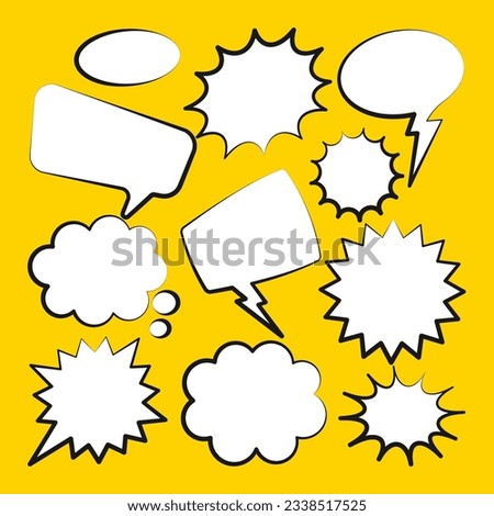 Comic speech bubbles. Outline, hand drawn retro cartoon stickers on yellow background. Chatting and communication, dialog elements. Pop art style. Vector illustration