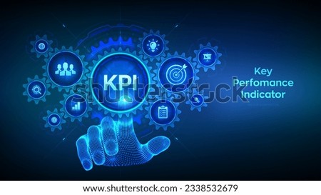 KPI. Key performance indicator business and industrial analysis technology concept on virtual screen. Wireframe hand touching digital interface with connected gears cogs and icons. Vector illustration Royalty-Free Stock Photo #2338532679