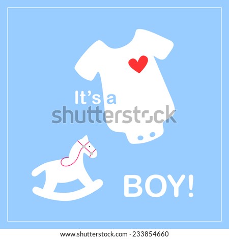 baby boy shower invitation card, newborn bodysuit with a small rocking horse on blue background