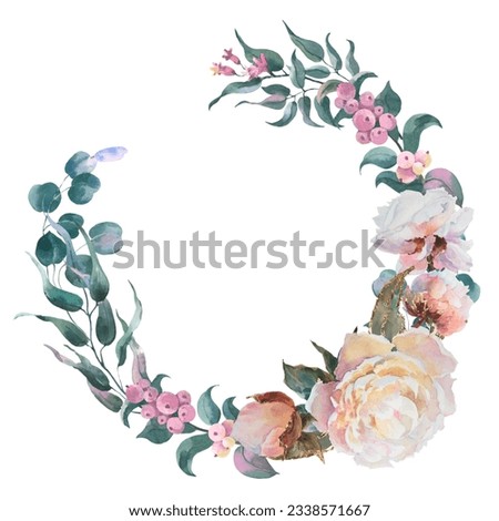 Wreath of peonies, white flowers peonies watercolor, eucaliptus branches, floral clip art. Bouquet perfectly for printing design on invitations, cards, Isolated on white background