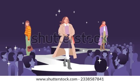 Fashion models girl showing represent new clothes outfit trendy modern stylish Posing walking on catwalk ramp stage runway. Audience crowd watching