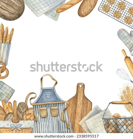 Frame made of kitchen items and homemade pastries. Background with watercolor illustrations of bread and kitchen tools in a rustic style.