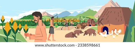 Prehistoric life of ancient human culture by farming and raising livestock to meet food needs vector illustration Royalty-Free Stock Photo #2338598661